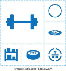 Isometric icon. set of 6 isometric filled icons such as fried egg and bacon, cargo terminal, jacuzzi, storage, barbell