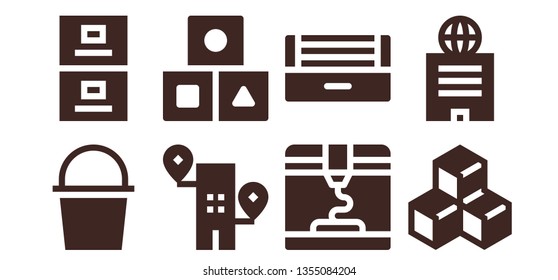 isometric icon set. 8 filled isometric icons.  Collection Of - Cube, Filing cabinet, Building, Cubes, 3d, Ultraviolet