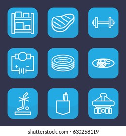 Isometric icon. set of 9 outline isometric icons such as office room, fried egg and bacon, no standing nearby, cargo plane back view, beef, jacuzzi, electricity, barbell