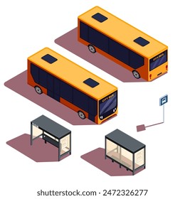 conjunto de iconos isométricos de autobuses y paradas de autobús, Ilustración vectorial