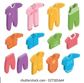 Isometric icon set children's clothes for newborn baby girl or boy on white background. Overalls, shirt, rompers, pants and baby's loose jacket. Collection of clothing. Vector 3d illustration.