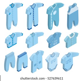 Isometric icon set children's clothes for baby boy on white background. Overalls, shirt, rompers, pants and baby's loose jacket. Collection blue clothing. Vector 3d illustration.