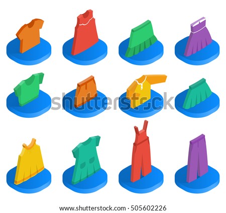 Isometric icon set children's clothes for girls. Collection of clothing. Vector 3d illustration.
