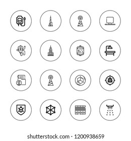 Isometric icon set. collection of 16 outline isometric icons with antenna, antivirus, archive, blood bag, blood transfusion, chroma, cube, perspective, operating table icons.