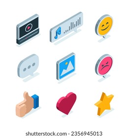 isometric icon set in color on a white background, social networks and itrenet communication between users, messages and reactions