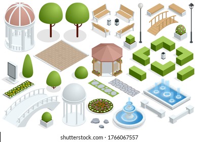 Isometric icon set for construction beautiful city parks. Buildings city garden park furniture. City park set with isolated elements