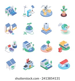 Isometric Icon Set Depicting Renewable Energy 

