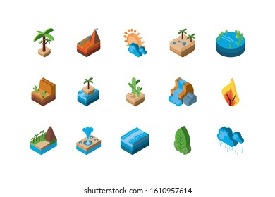 Isometric icon set design, Nature element earth eco ecology conservation bio environment and outdoor theme Vector illustration