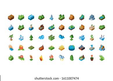 Isometric icon set design, Nature element earth eco ecology conservation bio environment and outdoor theme Vector illustration