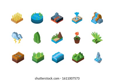 Isometric icon set design, Nature element earth eco ecology conservation bio environment and outdoor theme Vector illustration