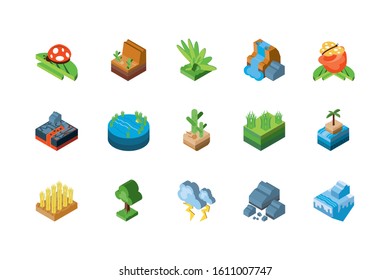 Isometric icon set design, Nature element earth eco ecology conservation bio environment and outdoor theme Vector illustration