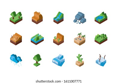 Isometric icon set design, Nature element earth eco ecology conservation bio environment and outdoor theme Vector illustration