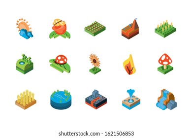 Isometric icon set design, Nature element earth eco ecology conservation bio environment and outdoor theme Vector illustration