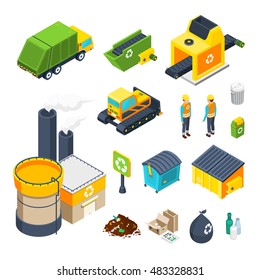 Isometric icon set of different elements of garbage collecting sorting and recycling system isolated vector illustration