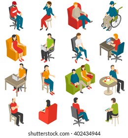 Isometric icon set of diverse people sitting on different chairs isolated vector illustration