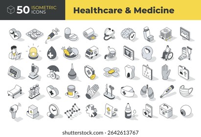 Isometric icon set illustrating healthcare, medical tools, diagnosis, treatment, emergency, and patient care. Ideal for apps, dashboards, infographics, and health-related content