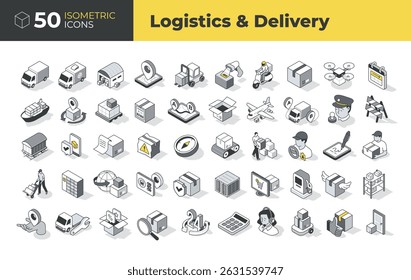 Conjunto de ícones isométricos que ilustra serviços de logística, entrega, envio, embalagem, rastreamento, depósito e correio. Design linear limpo ideal para web, aplicativos e infográficos.