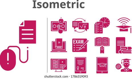 isometric icon set. included exam, tablet, cap, ebook, test, student, homework, learn, click icons. filled styles.