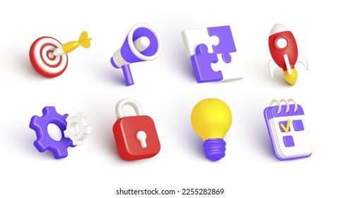 Conjunto de iconos isométricos. Innovación de símbolos de diseño 3d para interfaz en aplicación con diferentes elementos bombilla, megáfono, cohete, bloqueo rojo, calendario. Colección de botones de la oficina de chat web. Ilustración del vector