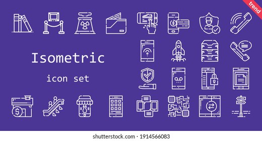 Isometric Icon Set. Line Icon Style. Isometric Related Icons Such As Insurance, Exhibition, Smartphone, Escalator, Wallet, Panels, Cpu, Archive, Nuclear Plant, Mortgage, Library, Phone, Startup