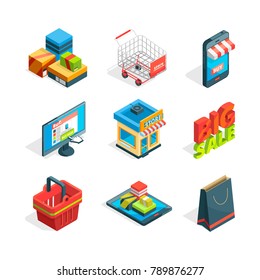 Isometric icon set of online shopping. Symbols of ecommerce. Buying in internet isometric trolley and smart phone, vector illustration