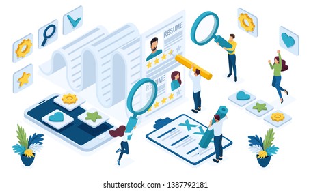 Isometric icon set for recruiting. HR Manager draws up an employment contract, selection of candidates.