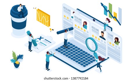 Isometric icon set for recruiting. HR Manager looking summary for candidates in the Internet on the laptop company on the selection of personnel.