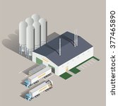 Isometric icon set representing brewing factory and truck. Vector illustration