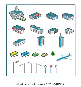  Isometric icon set representing office building.
