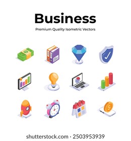 Isometric icon set representing various business, finance, and productivity tools and concepts.