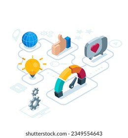 isometric icon set for social networks in color on a white background, generator of social activity on the internet or jackal indicator