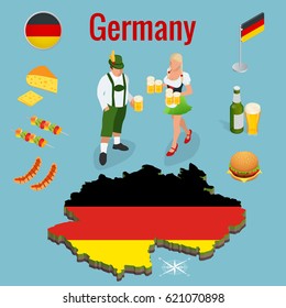 Isometric icon set of Traditional symbols of culture and cuisine of Germany or Deutschland. Federal Republic of Germany and flag.  Flat vector illustrations.