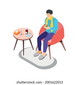 Isometric icon with sick man wearing scarf drinking hot tea with lemon 3d vector illustration