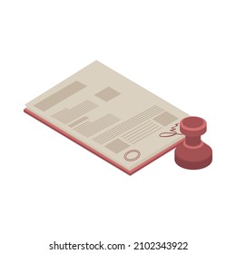 Isometric icon with signed paper document or contract and stamp 3d vector illustration