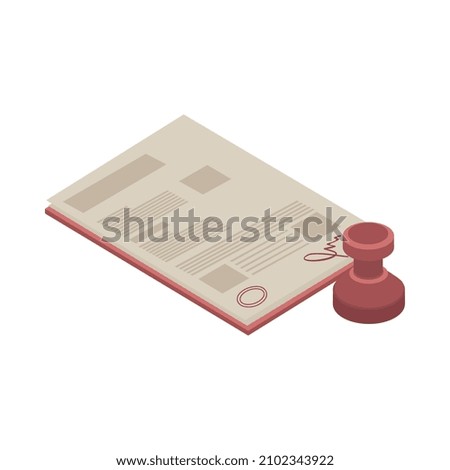 Isometric icon with signed paper document or contract and stamp 3d vector illustration