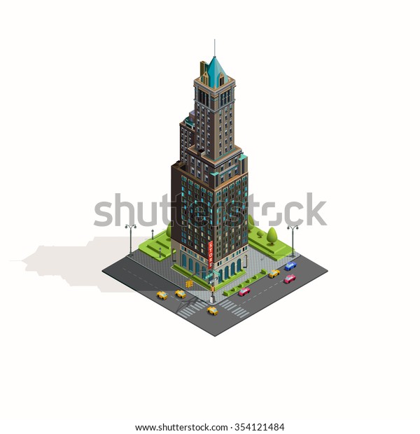 Isometric icon\
skyscraper street and\
landscape