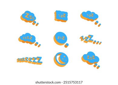 Icono isométrico sueño. zzz, sueño profundo, nubes durmientes, luna.