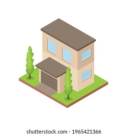 Isometric icon of small private house with garage 3d vector illustration