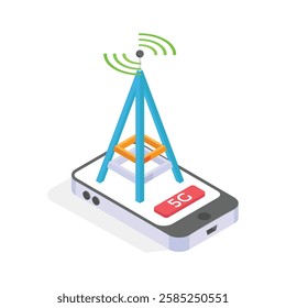 An isometric icon of a smartphone displaying a 5G cellular network tower.