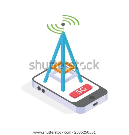 An isometric icon of a smartphone displaying a 5G cellular network tower.