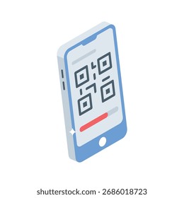 An isometric icon of a smartphone displaying a QR code.