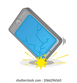 Isometric icon smartphone mobile phone tablet which fall down on floor and cracks broken beat damaged touch screen display problem need repair service help. Modern illustration flat design.