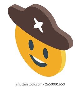 Isometric icon of a smiling emoji wearing a pirate hat, representing adventure, fun, and playful mischief