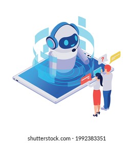 Isometric icon with smiling robotic chatbot on tablet talking to people 3d vector illustration