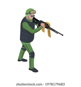 Isometric icon with soldier holding weapon 3d vector illustration