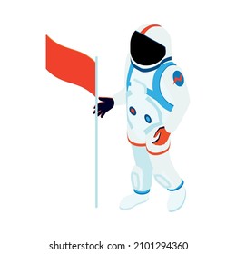 Isometric icon with spaceman wearing spacesuit and red flag on white background 3d vector illustration
