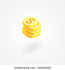 Isometric icon of stack of coins on white background.