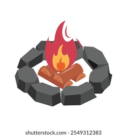 Isometric icon of stone lined campfire for warmth and light in nature