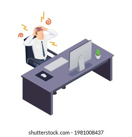 Isometric icon with stressed office worker at his work place vector illustration