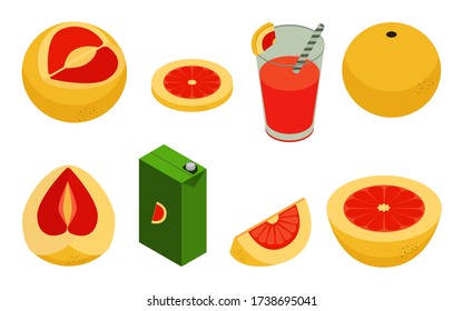 Isometric icon style. Grapefruit icons set.  Fruits whole, half, slice and juices of the box,glassful. Citrus for web design isolated on white background.